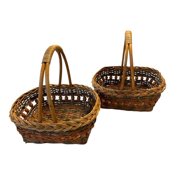 Pair of Vintage Woven Gift Baskets with Wooden Bead Trim – 12" x 12" x 10" – Boh - Picture 1 of 5